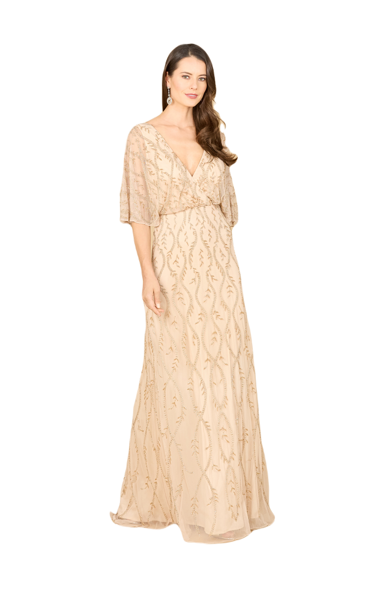 LARA New York Illusion Cape Sleeve Beaded Gown, Alternate, color, Champagne
