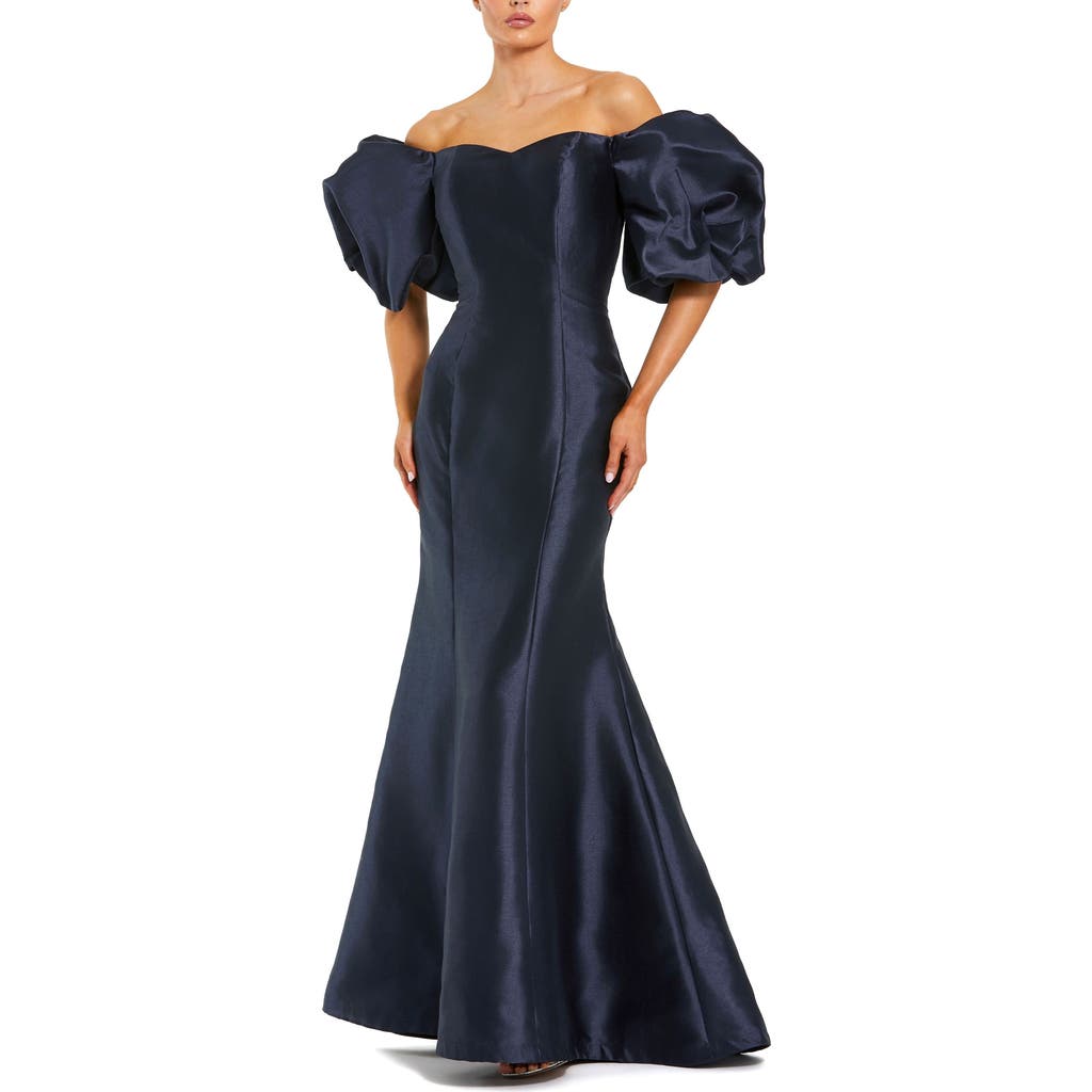 Mac Duggal Sweetheart Off The Shoulder Puff Sleeve Gown In Blue