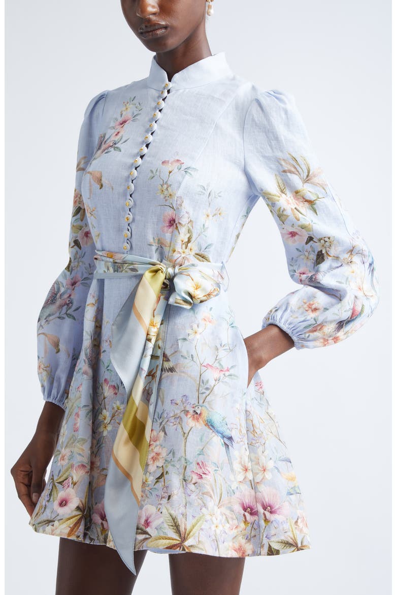 Rebellion Long Sleeve Linen Belted Minidress, Alternate, color, BLUE AVIARY