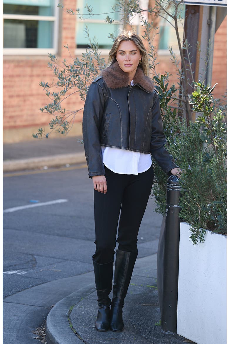 Rowan Faux Leather Jacket with Detachable Faux Fur Collar, Alternate, color, DARK BROWN