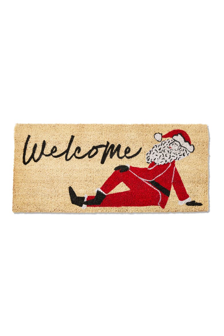 Welcome Sentiment Posing Santa Coir Door Mat Multicolored, Main, color, Brown