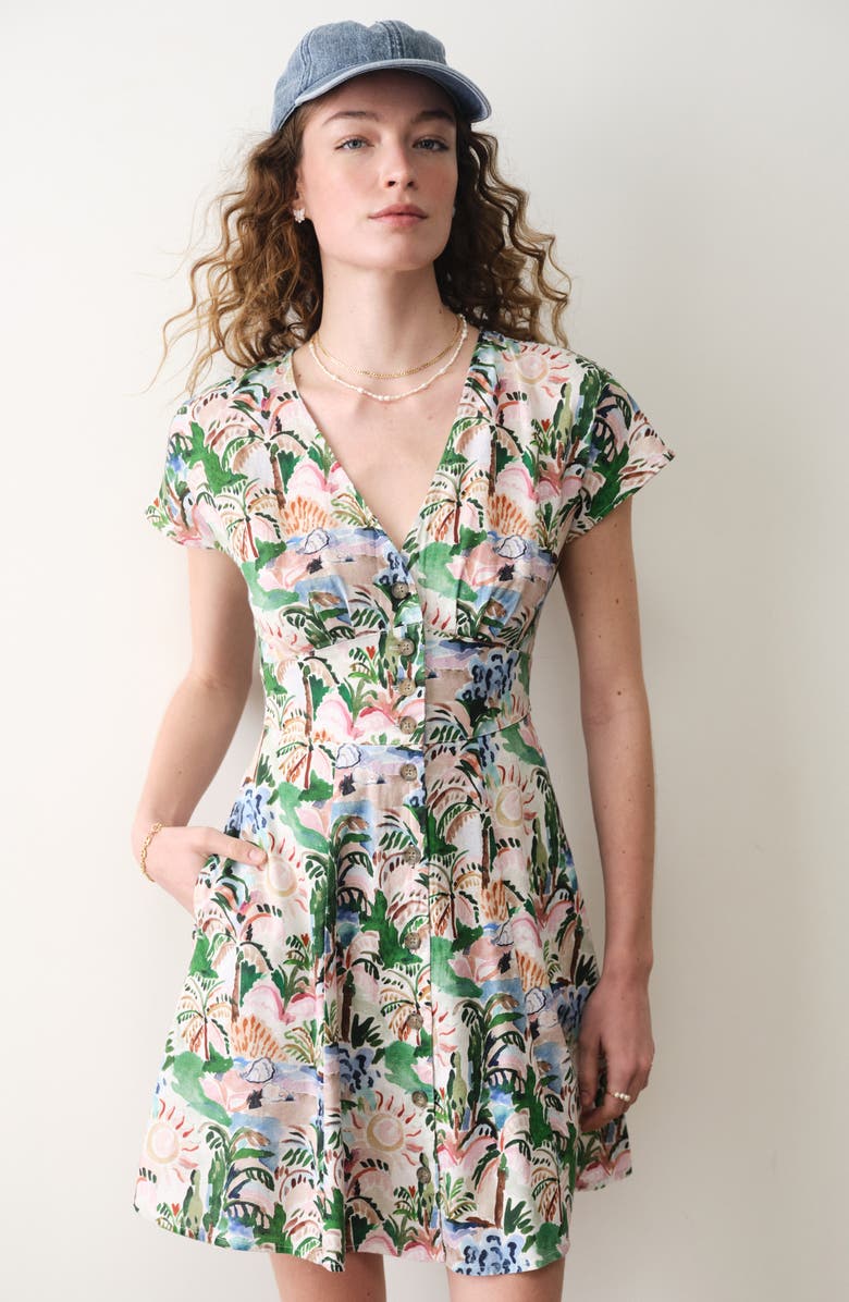 Marine Layer Camila Print Button Front Hemp Blend Minidress, Alternate, color, Watercolor Palm