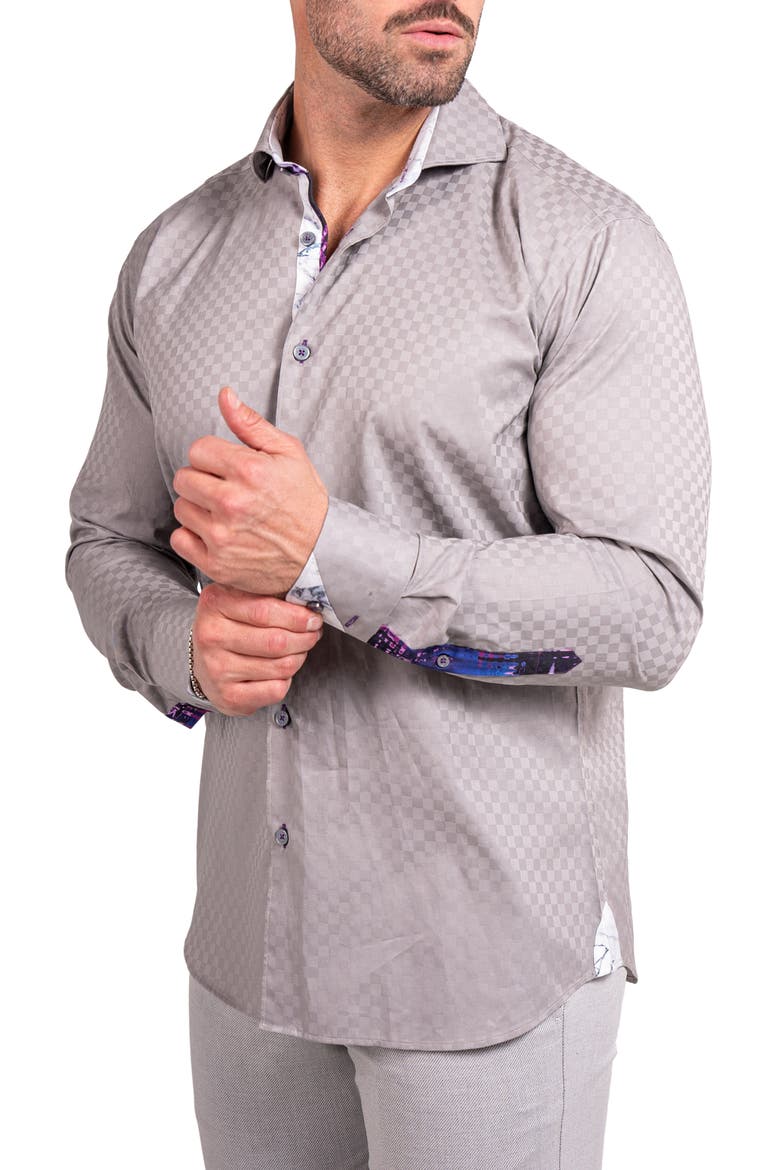 Einstein Ascension0090 Grey Tonal Checkerboard Cotton Button-Up Shirt, Alternate, color, GREY