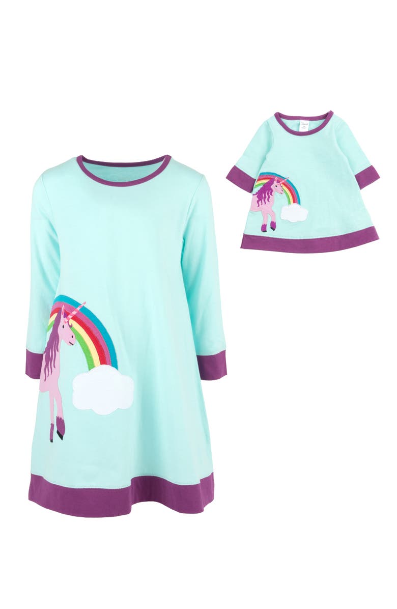 Leveret Girls Cotton Dress with Matching Doll Dress, Printed Design, Alternate, color, Aqua Unicorn