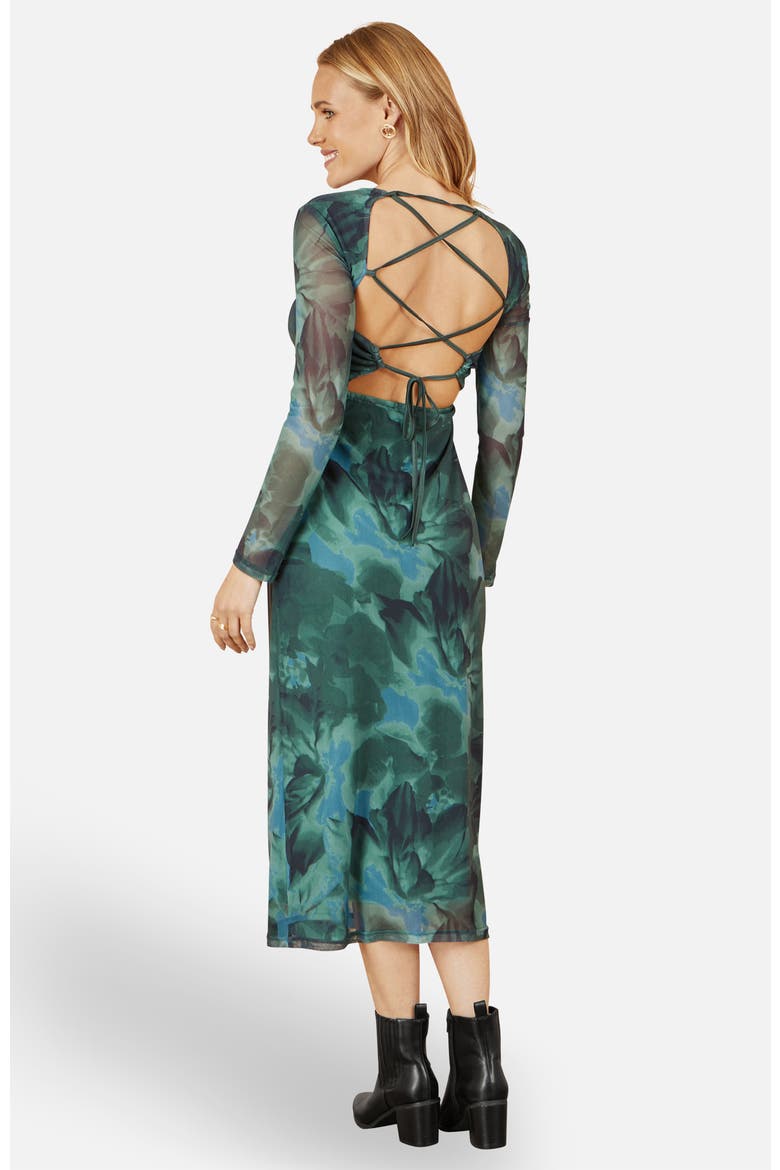 Floral Mesh With Tie Back Bodycon Dress, Alternate, color, Green