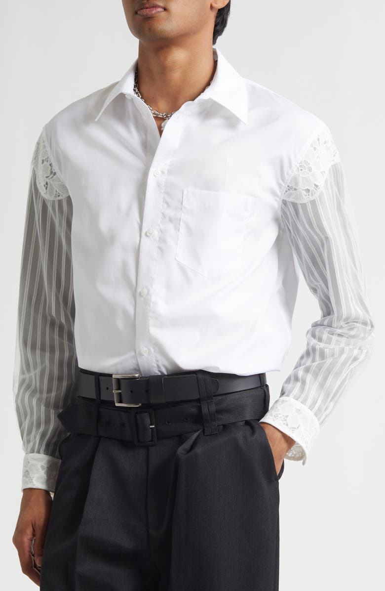 Simone Rocha Lace Trim Mixed Media Button-Up Shirt, Alternate, color,