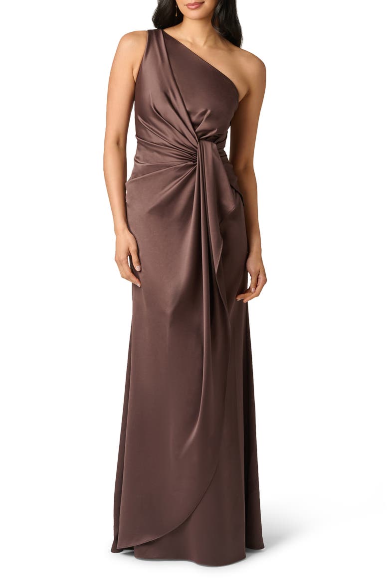 One-Shoulder Matte Satin Gown, Main, color, DARK BROWN