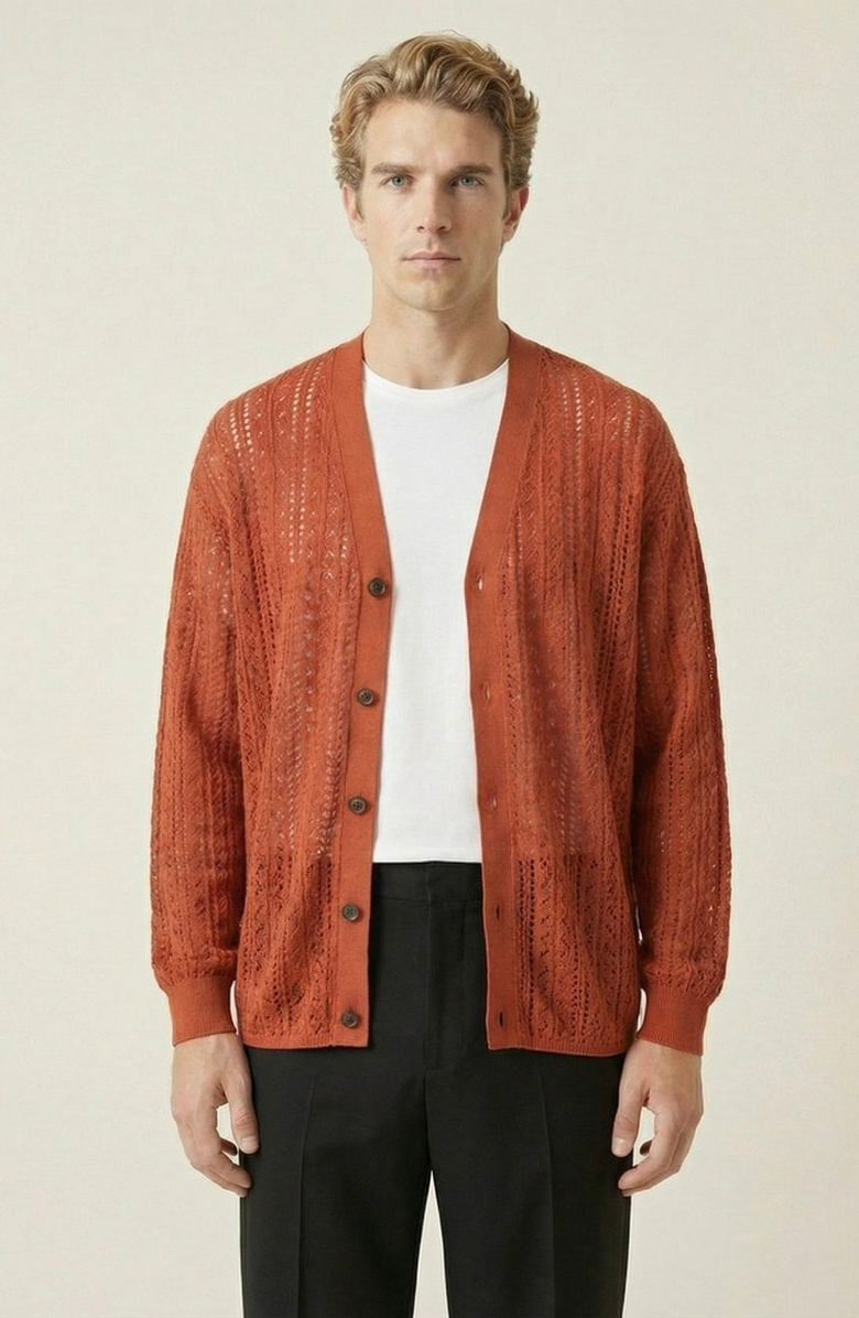 Modenaire Open Knit Textured Cardigan, Main, color, Rust Orange