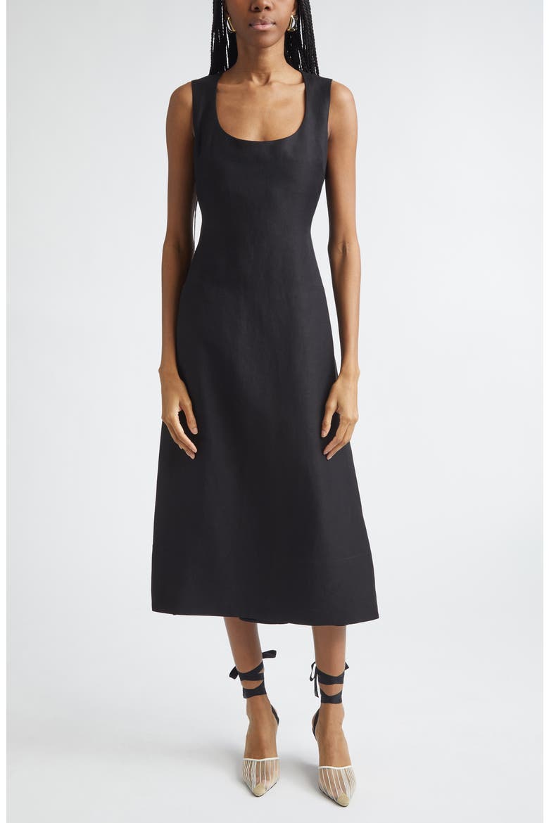 Tablier Linen Blend Midi Dress, Main, color, BLACK