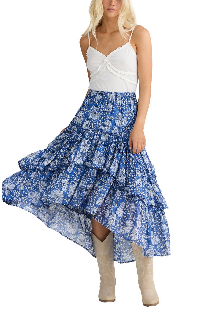 Sassy Floral High Low Tiered Midi Skirt, Alternate, color, BLUE BLOSSOM