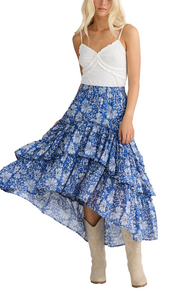 Talisman the Label Sassy Floral High Low Tiered Midi Skirt, Alternate, color, Blue Blossom
