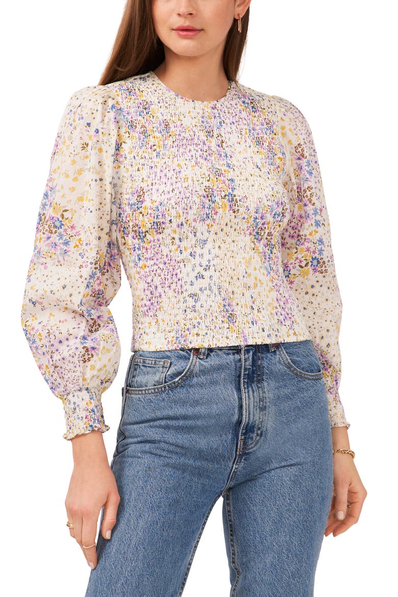 Floral Print Smocked Long Sleeve Cotton Top, Main, color, WHITE FLORAL