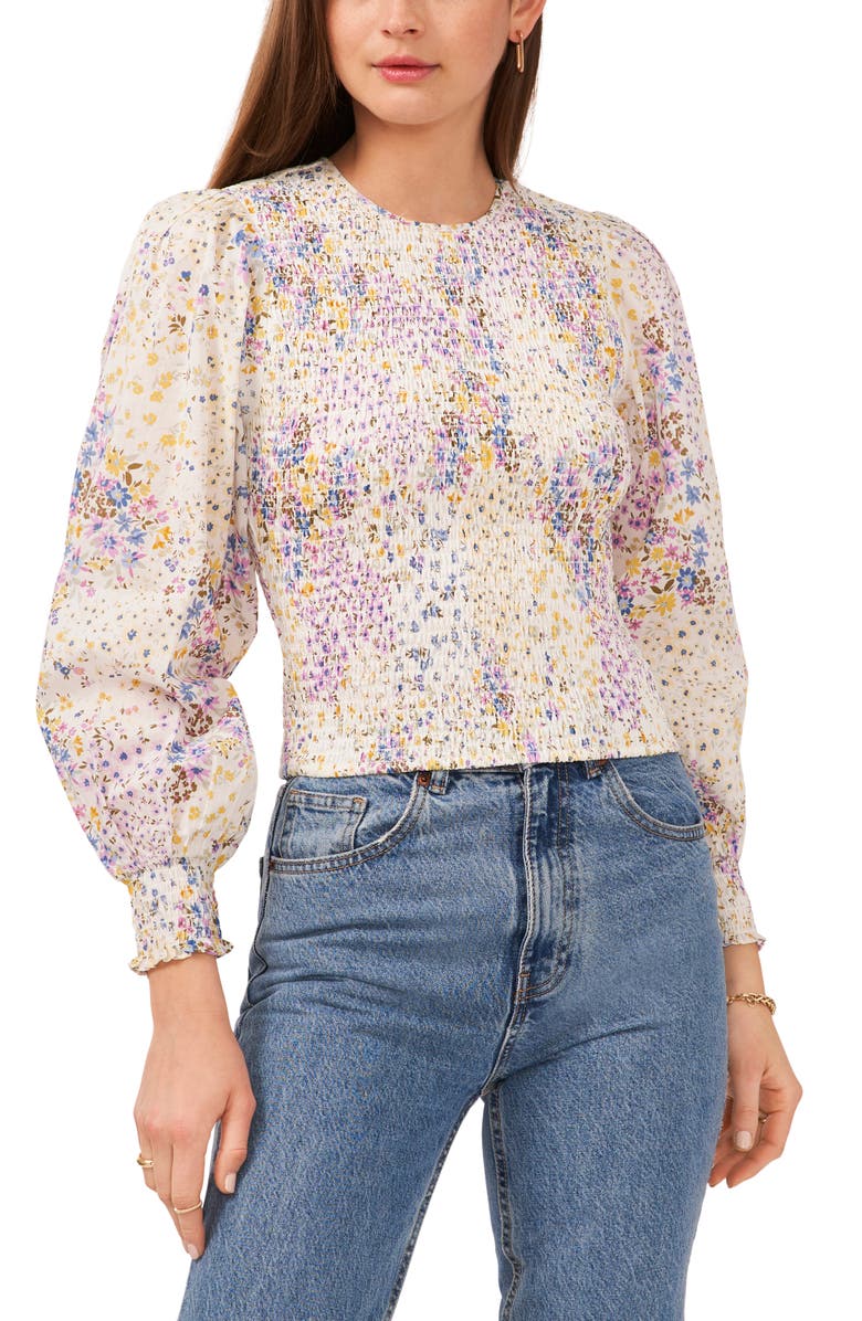 1.STATE Floral Print Smocked Long Sleeve Cotton Top, Main, color, 