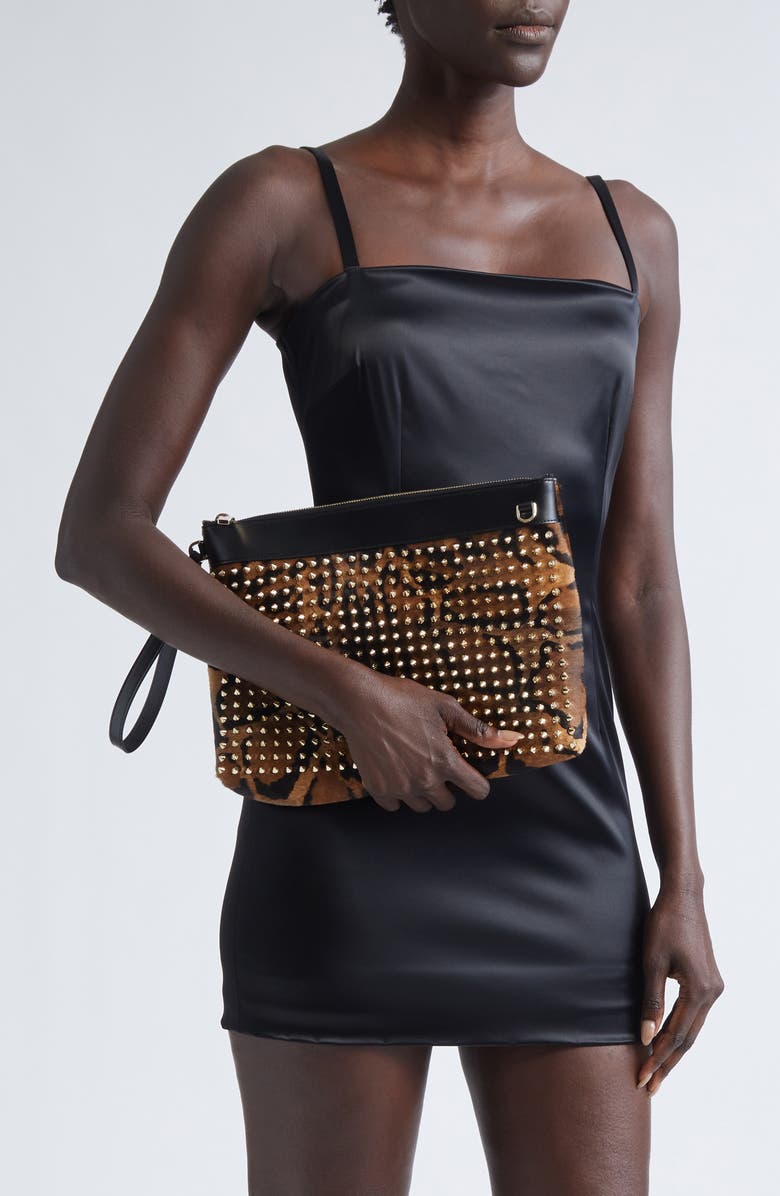 Christian Louboutin Funky Studded Genuine Calf Hair Clutch, Alternate, color, Brown/ Gold