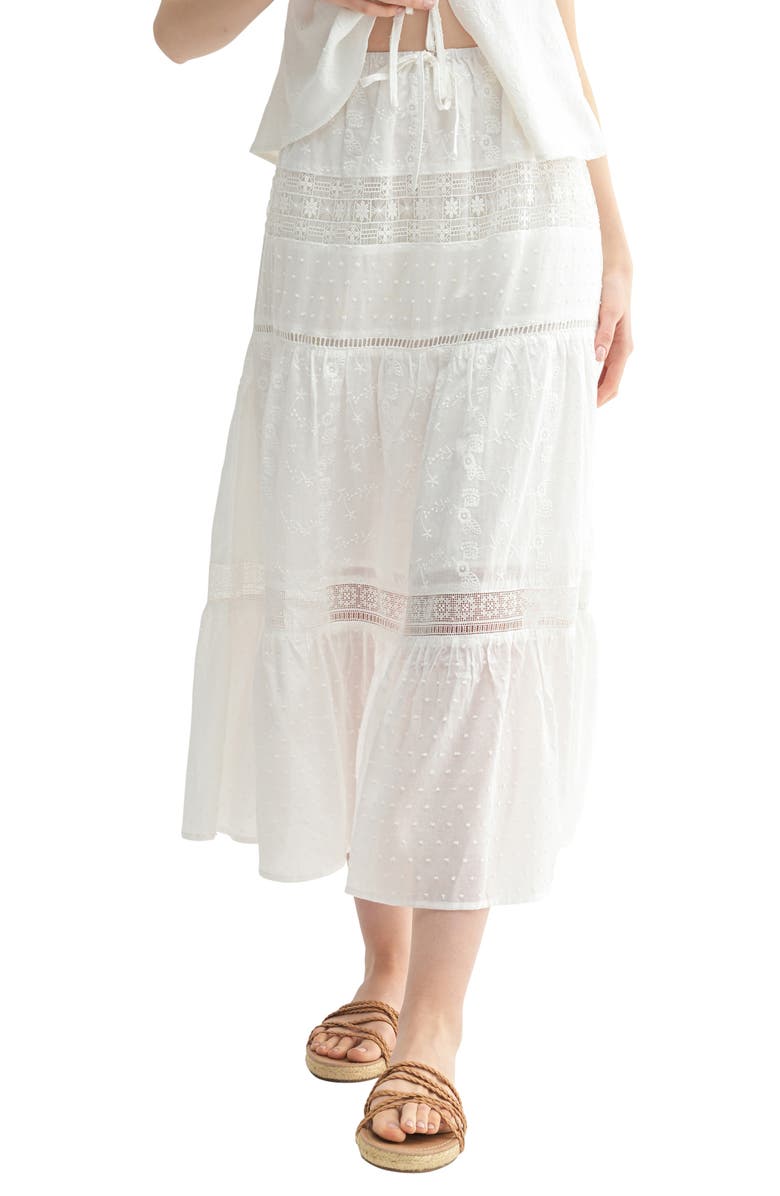 All in Favor Lace Inset Embroidered Tiered Cotton Midi Skirt, Main, color,