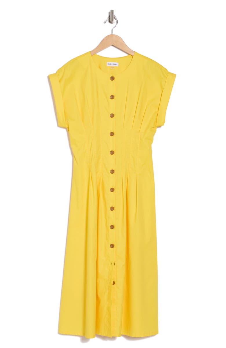 Short Sleeve Button Front Cotton Blend Midi Dress