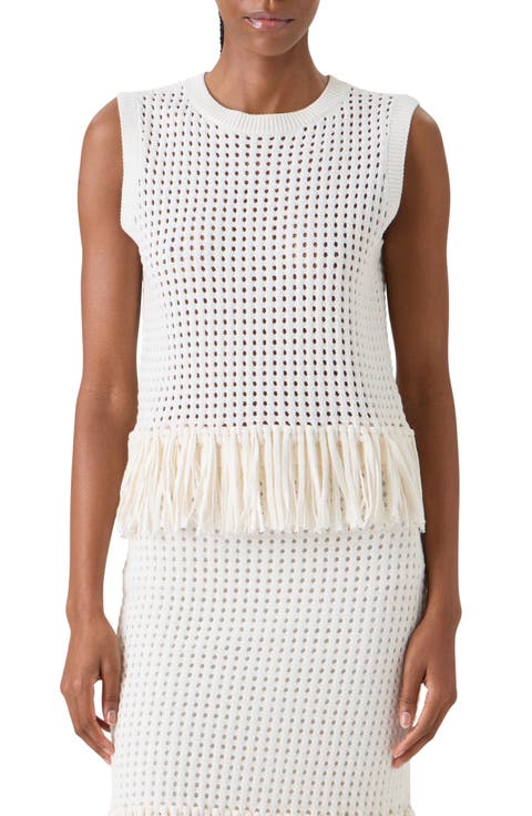 Fringe Hem Mesh Knit Cotton Shell