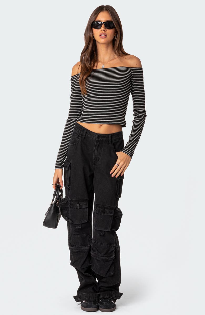 EDIKTED Canary Stripe Off the Shoulder Rib Crop Top, Alternate, color, Black