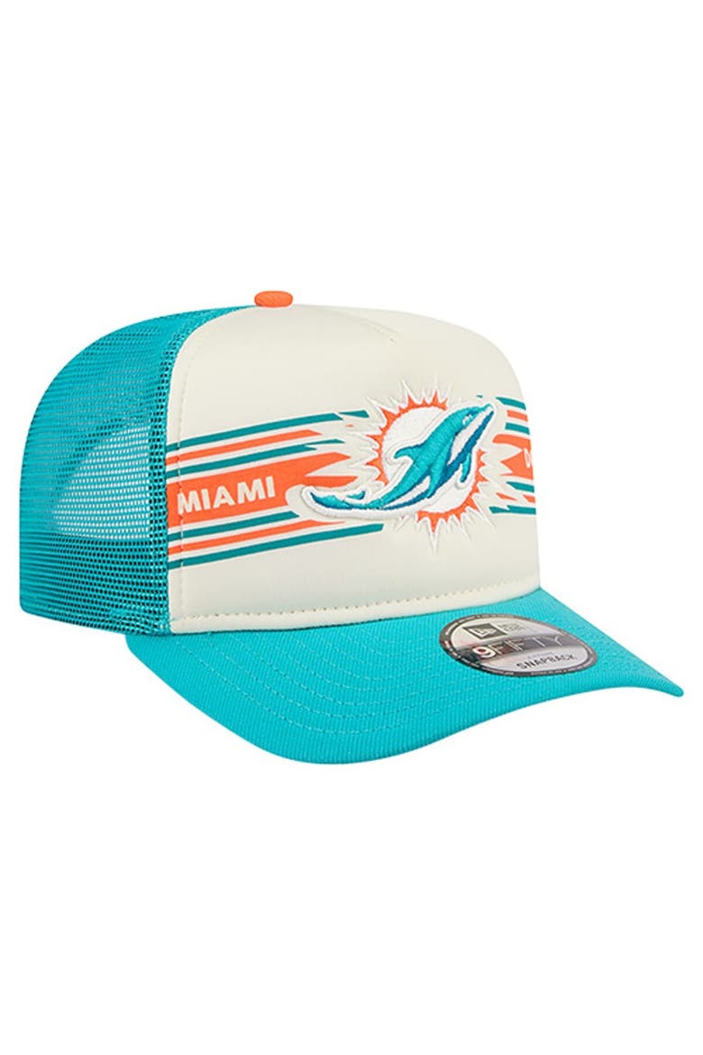 Men's New Era  Cream/Aqua Miami Dolphins Banner A-Frame 9FIFTY Trucker Snapback Hat, Alternate, color, Cream