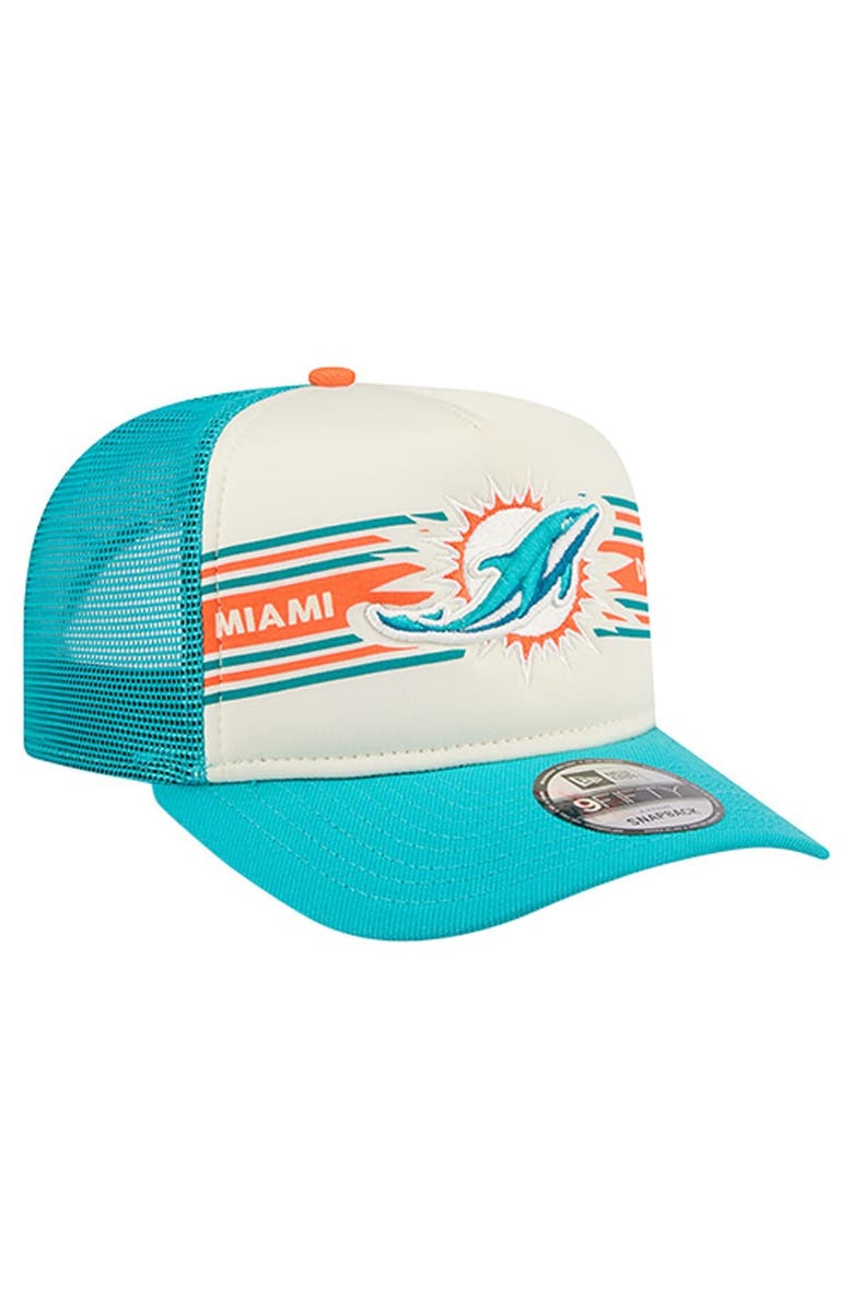 New Era Men's New Era  Cream/Aqua Miami Dolphins Banner A-Frame 9FIFTY Trucker Snapback Hat, Alternate, color, Cream