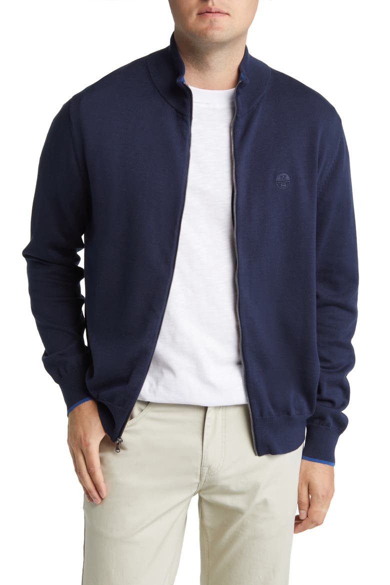 Logo Embroidered Zip Front Cardigan, Main, color, NAVY