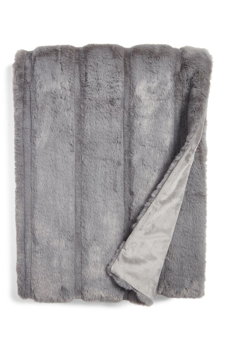 Sheared Stripe Faux Fux Throw Blanket, Main, color, GREY GRIFFIN