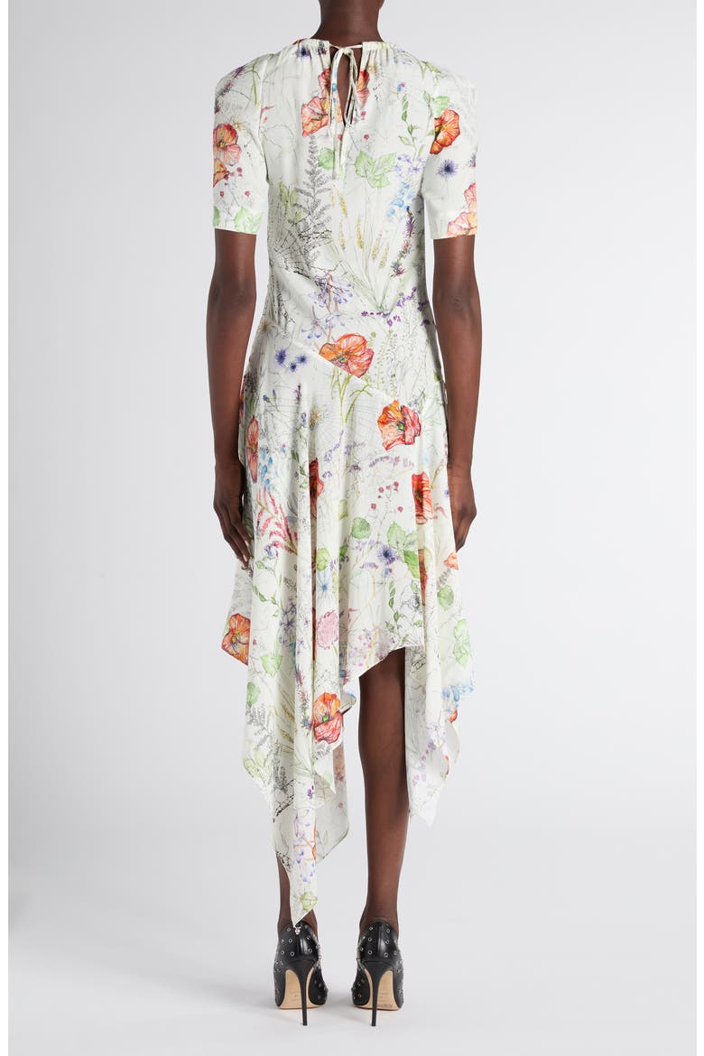 Floral Print Asymmetric Crepe Dress, Alternate, color, WHITE