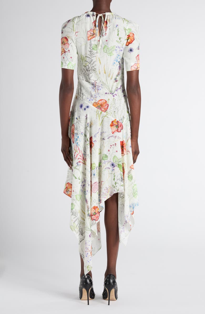 McQueen Floral Print Asymmetric Crepe Dress, Alternate, color, White