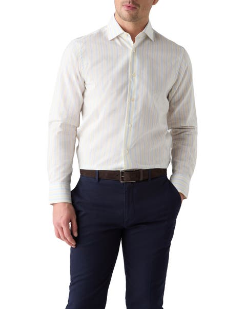 Reynolds Blue Multi Thin Stripe Cotton Linen Blend Shirt in Contemporary fit