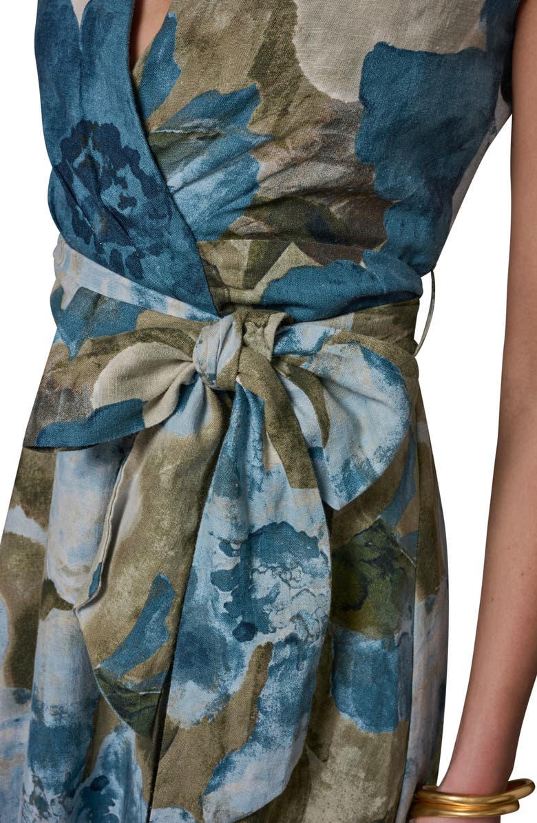 Donna Karan New York Floral Faux Wrap Linen-Blend Dress, Alternate, color, Washed Indgo