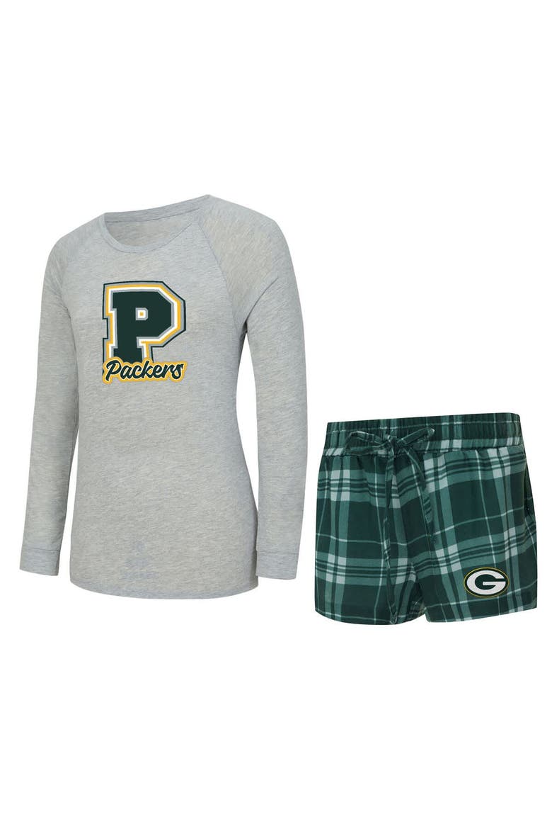 Women's Concepts Sport  Heather Gray/Green Green Bay Packers Regulate Plaid Long-Sleeve T-Shirt & Shorts Sleep Set, Main, color, Heather Gray
