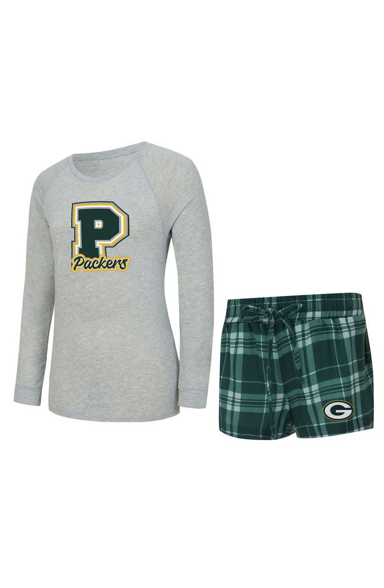 CONCEPTS SPORT Women's Concepts Sport  Heather Gray/Green Green Bay Packers Regulate Plaid Long-Sleeve T-Shirt & Shorts Sleep Set, Main, color, Heather Gray