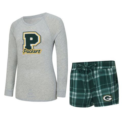 Women's Concepts Sport  Heather Gray/Green Green Bay Packers Regulate Plaid Long-Sleeve T-Shirt & Shorts Sleep Set