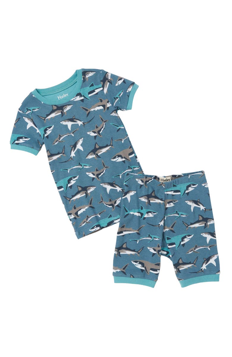 Hatley Kids' Sneak Around Sharks Fitted Two-Piece Cotton Short Pajamas, Main, color, 