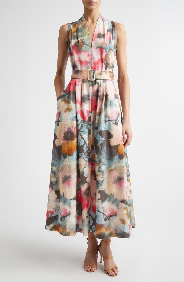Lela Rose Floral Print Belted Cotton Dress, Main, color, Mist Multi