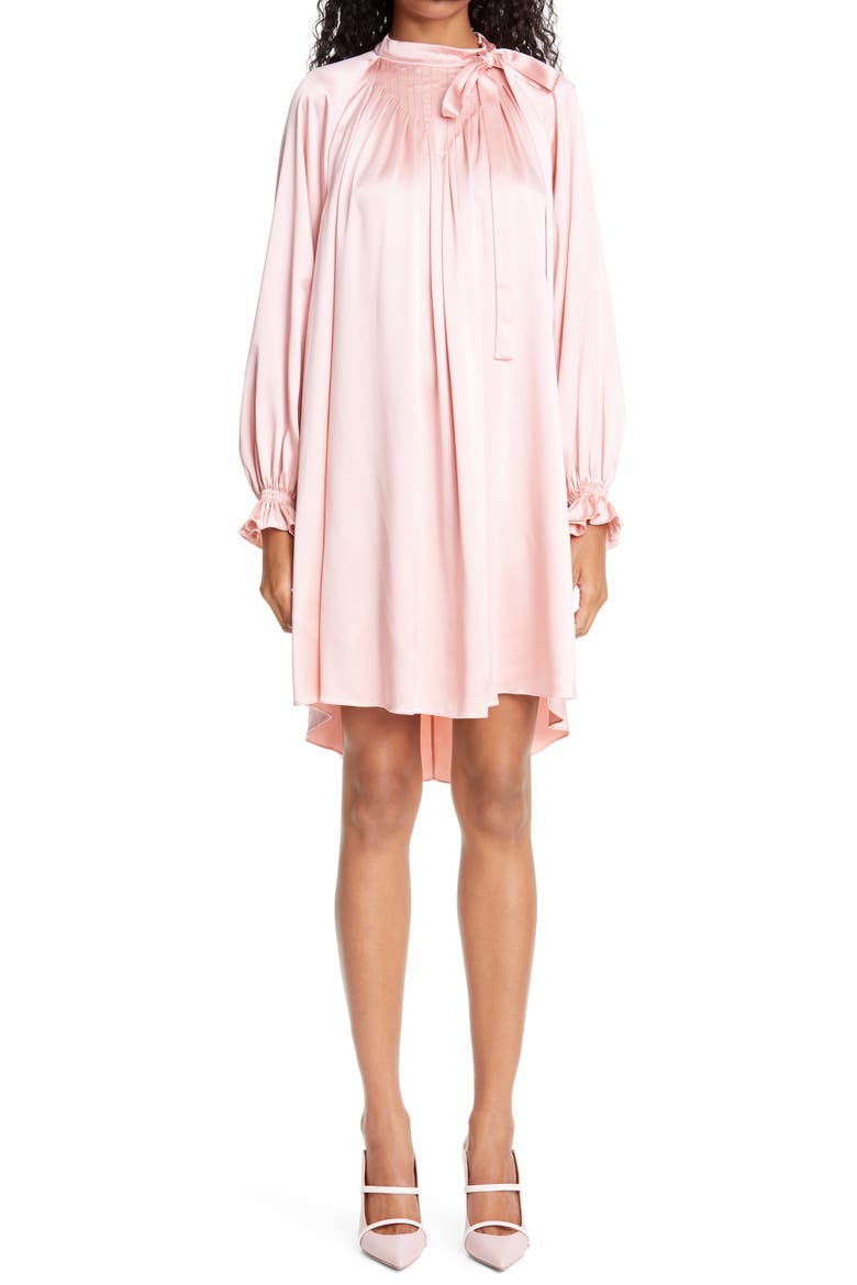 Tie Neck Long Sleeve Silk Charmeuse Minidress, Main, color, DUSTY ROSE