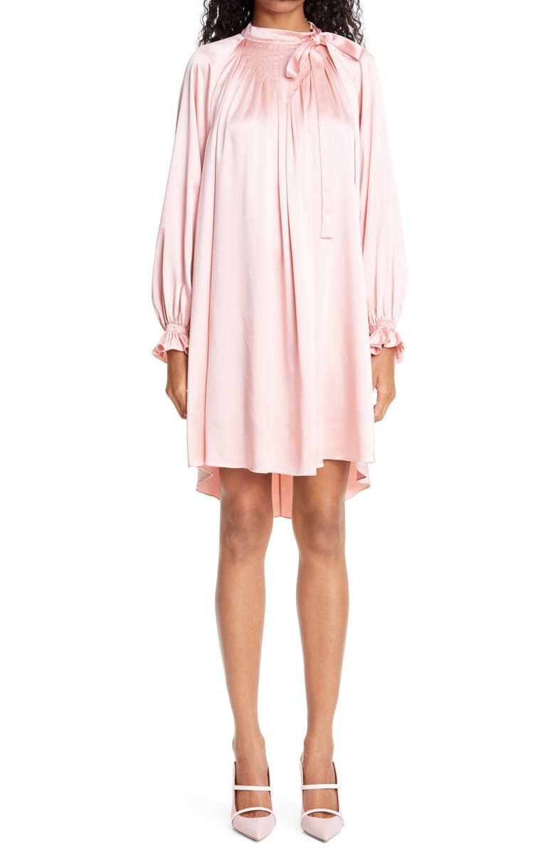 Adam Lippes Tie Neck Long Sleeve Silk Charmeuse Minidress, Main, color, 