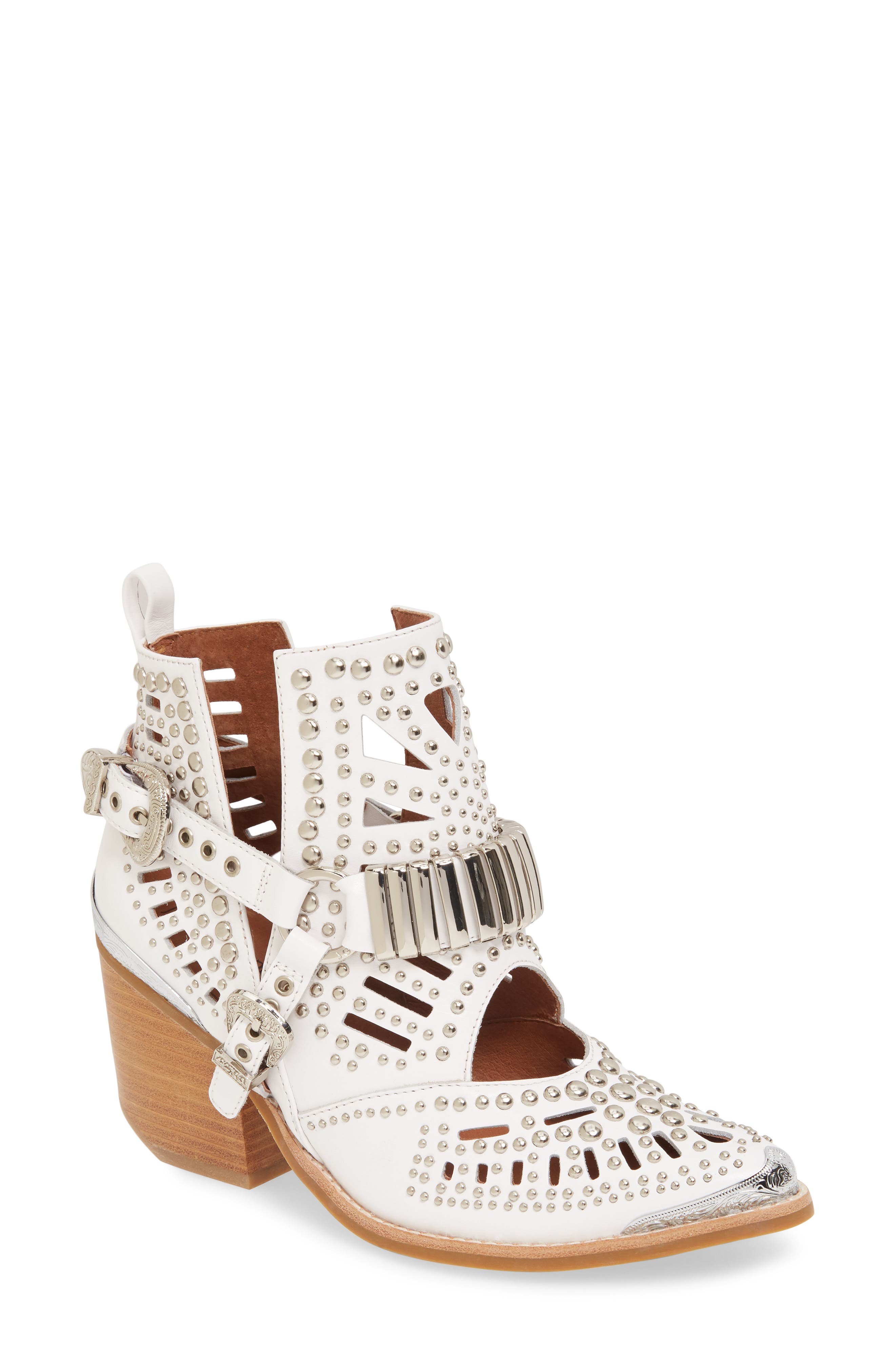 Wylie Studded Western Bootie, Main, color, WHITE/ SILVER LEATHER