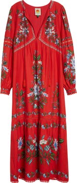 FARM Rio Sweet Bloom Long Sleeve Linen Blend Tiered Maxi Dress