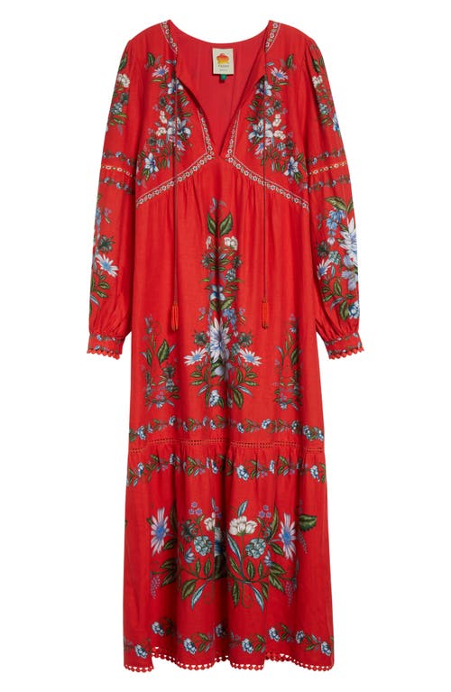 Farm Rio Sweet Bloom Long Sleeve Linen Blend Tiered Maxi Dress In Red