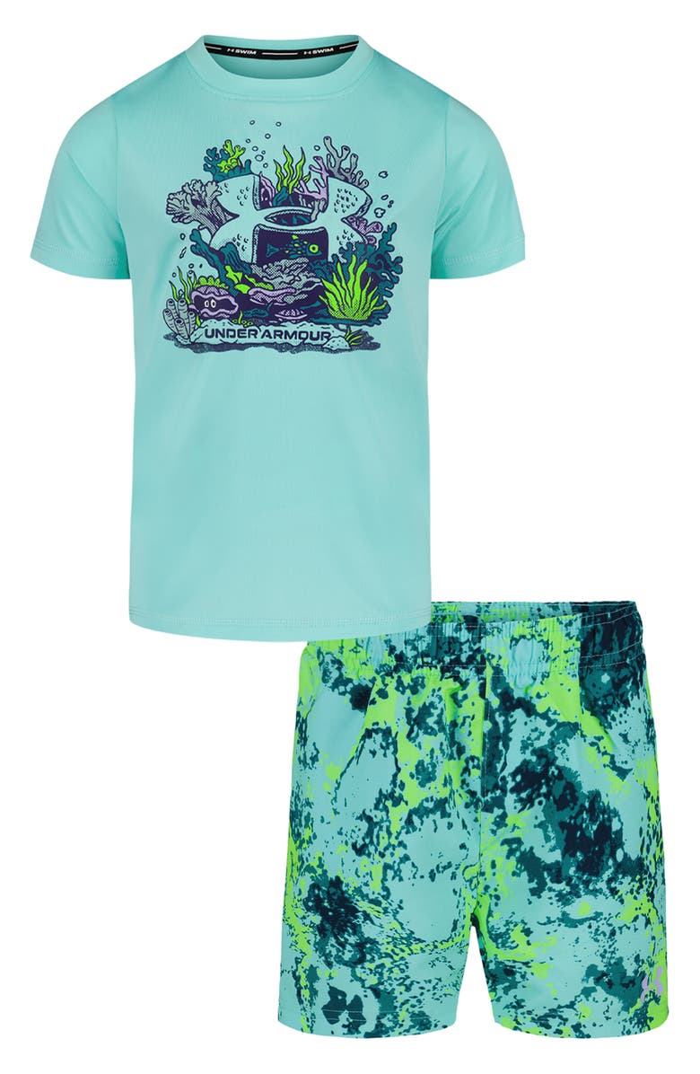 Under Armour Kids' Coral Logo Rashguard & Swim Trunks Set, Main, color, Neo Turquoise