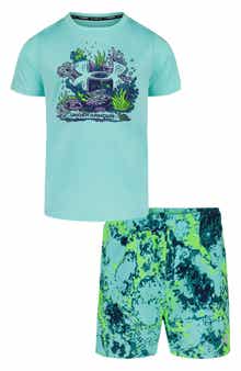 Kids' Coral Logo Rashguard & Swim Trunks Set