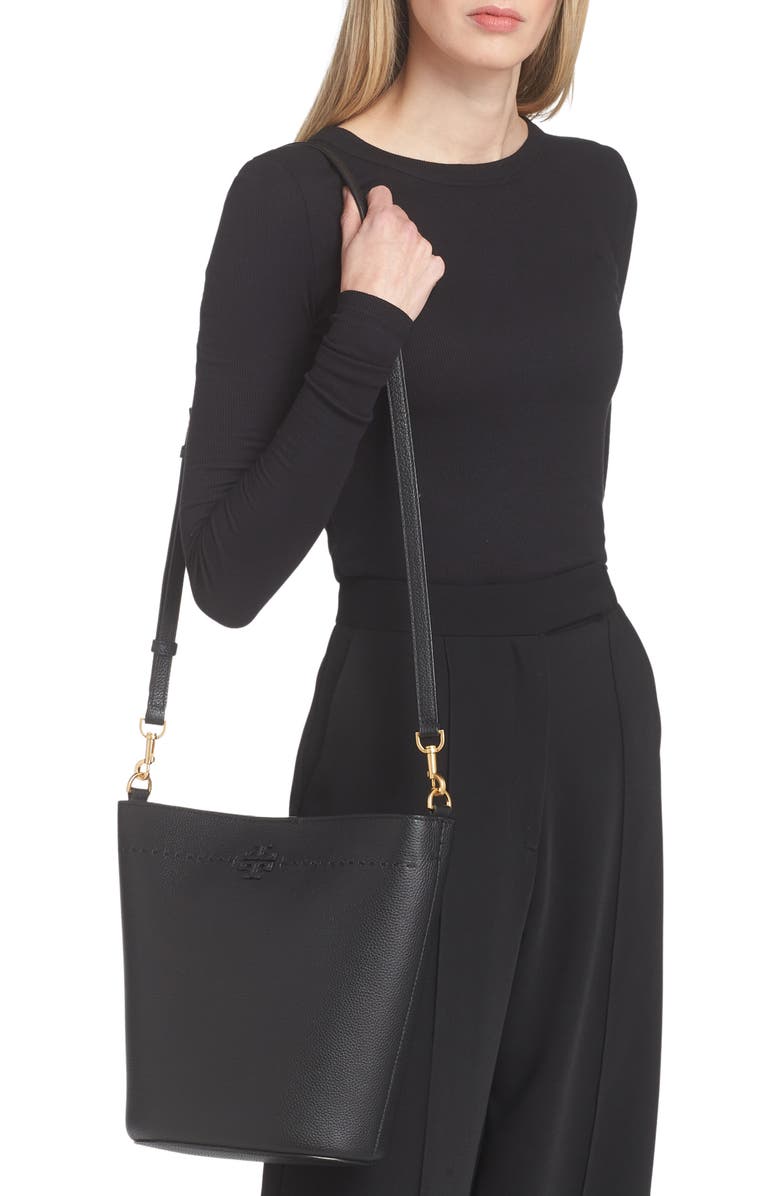 Tory Burch McGraw Leather Bucket Bag, Alternate, color, Black