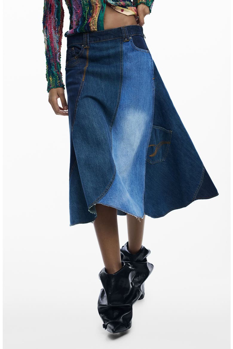 Patchwork A-Line Skirt, Main, color, DARK BLUE