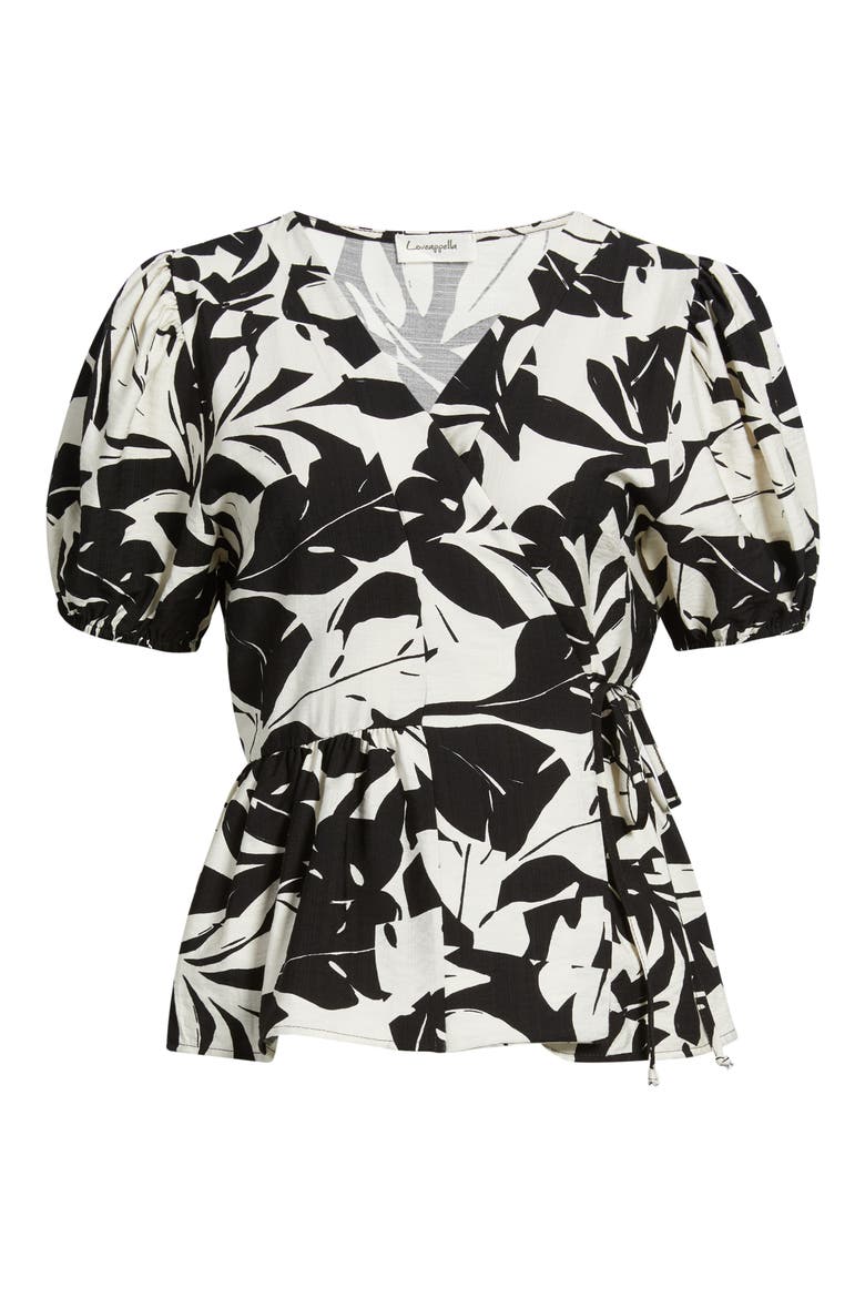 Abstract Leaf Print Wrap Top, Alternate, color, IVORY/ BLACK