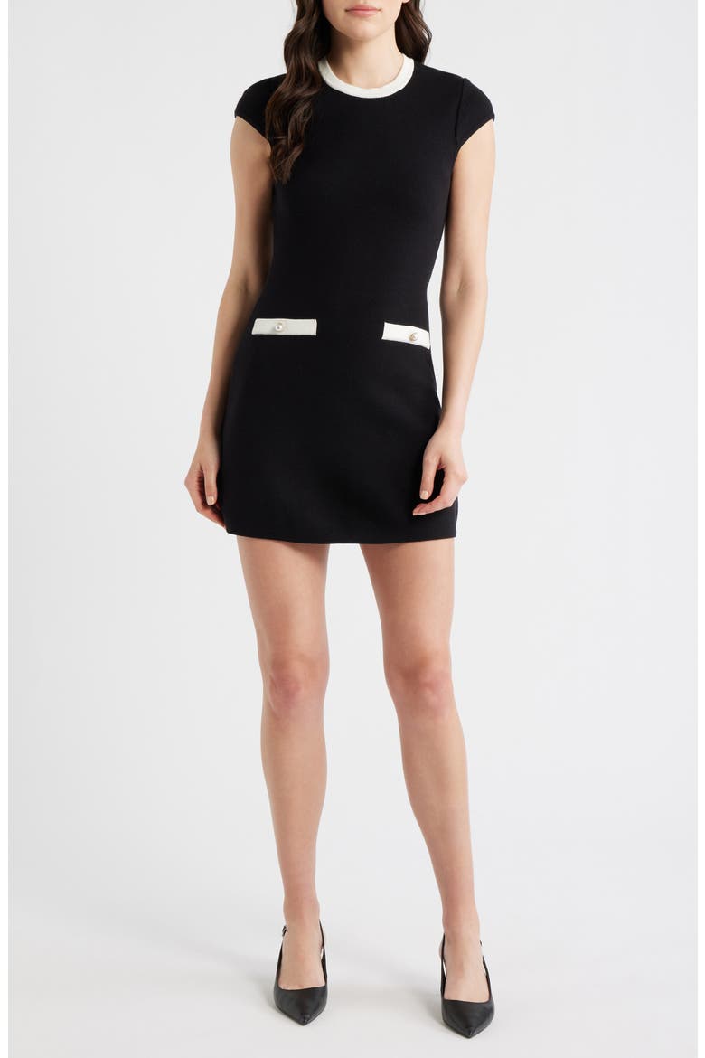 Ruthie Cap Sleeve Mini Sweater Dress, Main, color, BLACK-SUMMER WHITE