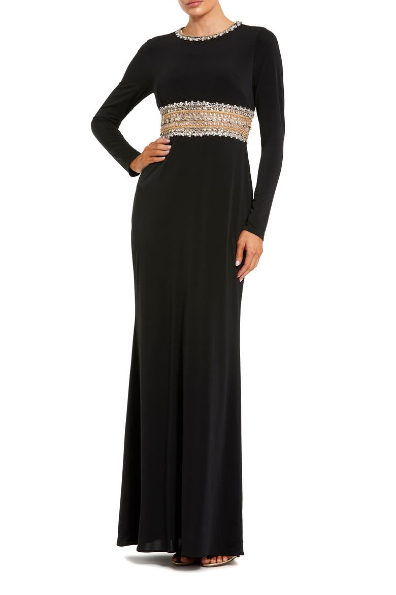 Long Sleeve Gown With Embellished Cut Out, Main, color, Black