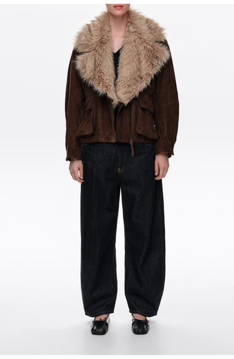 Leather Double-breasted Jacket With Fur Collar