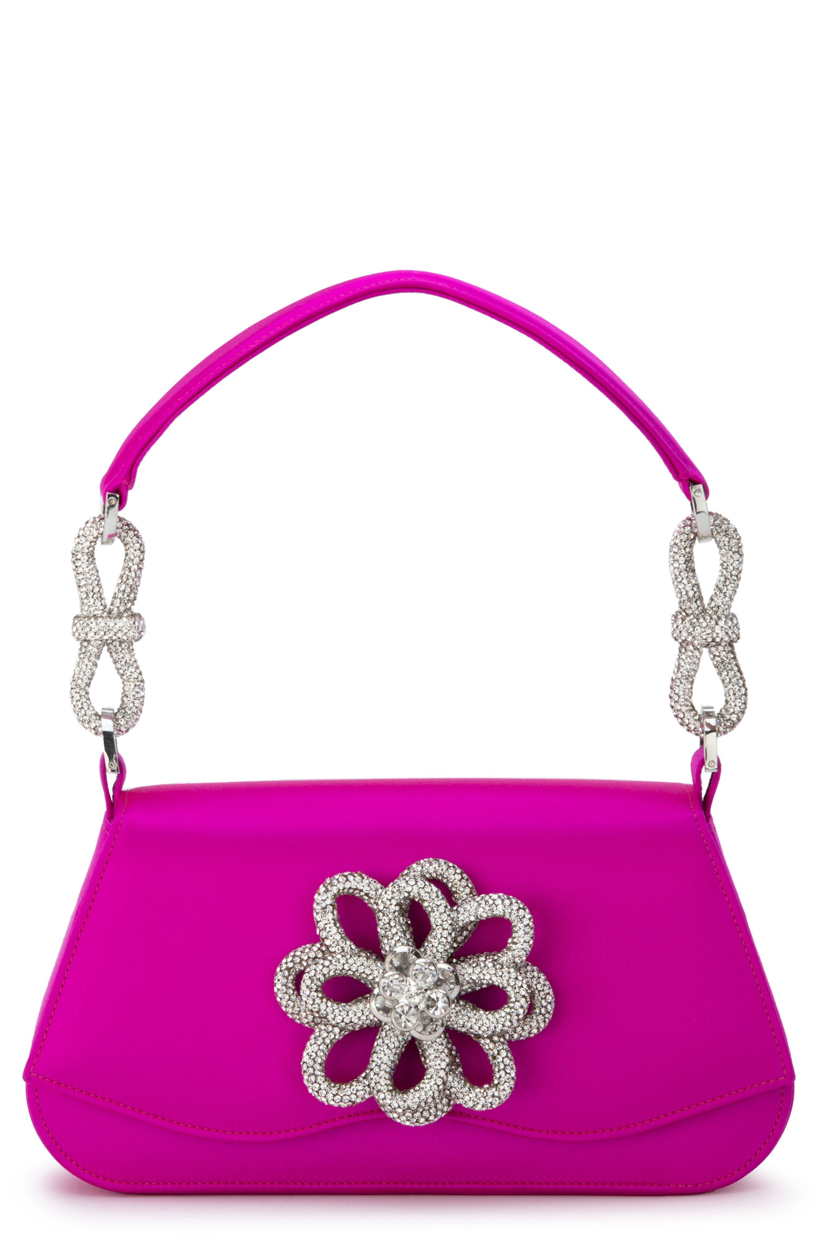 Mach & Mach Medium Carrie Crystal Flower Satin Shoulder Bag, Main, color, 