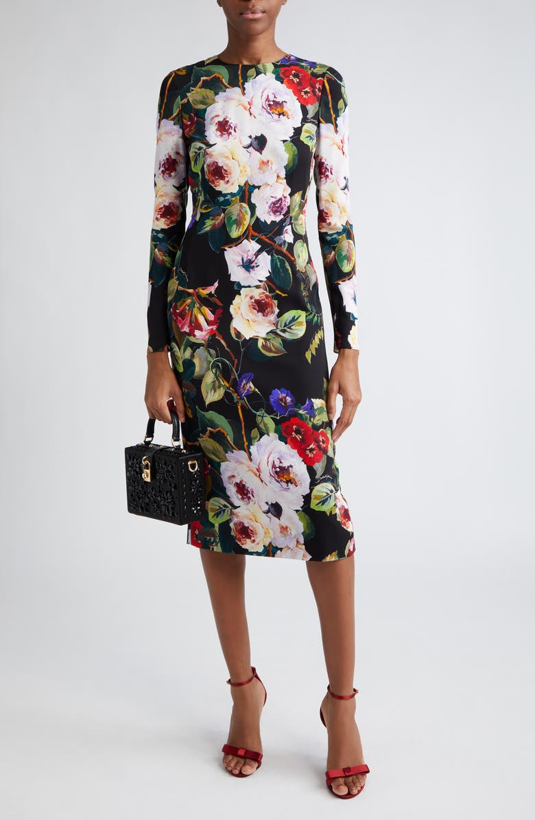 Dolce&Gabbana Floral Print Long Sleeve Charmeuse Sheath Dress, Main, color,